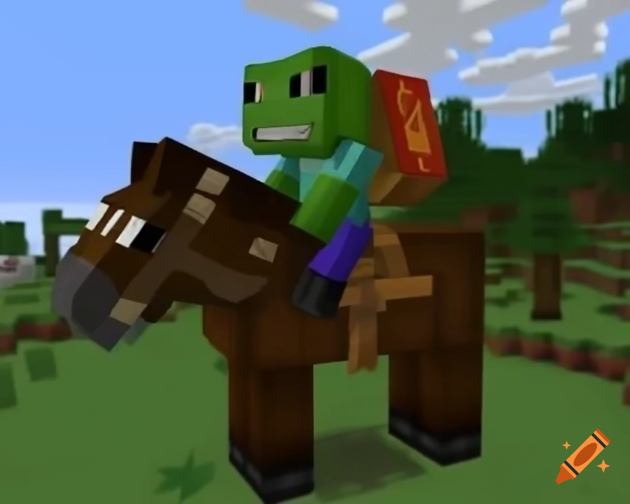 Frog riding a horse in Minecraft environment