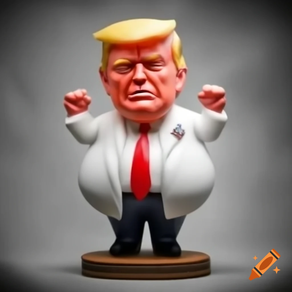 Satirical bobblehead of an angry older man with blood on his face raised fist