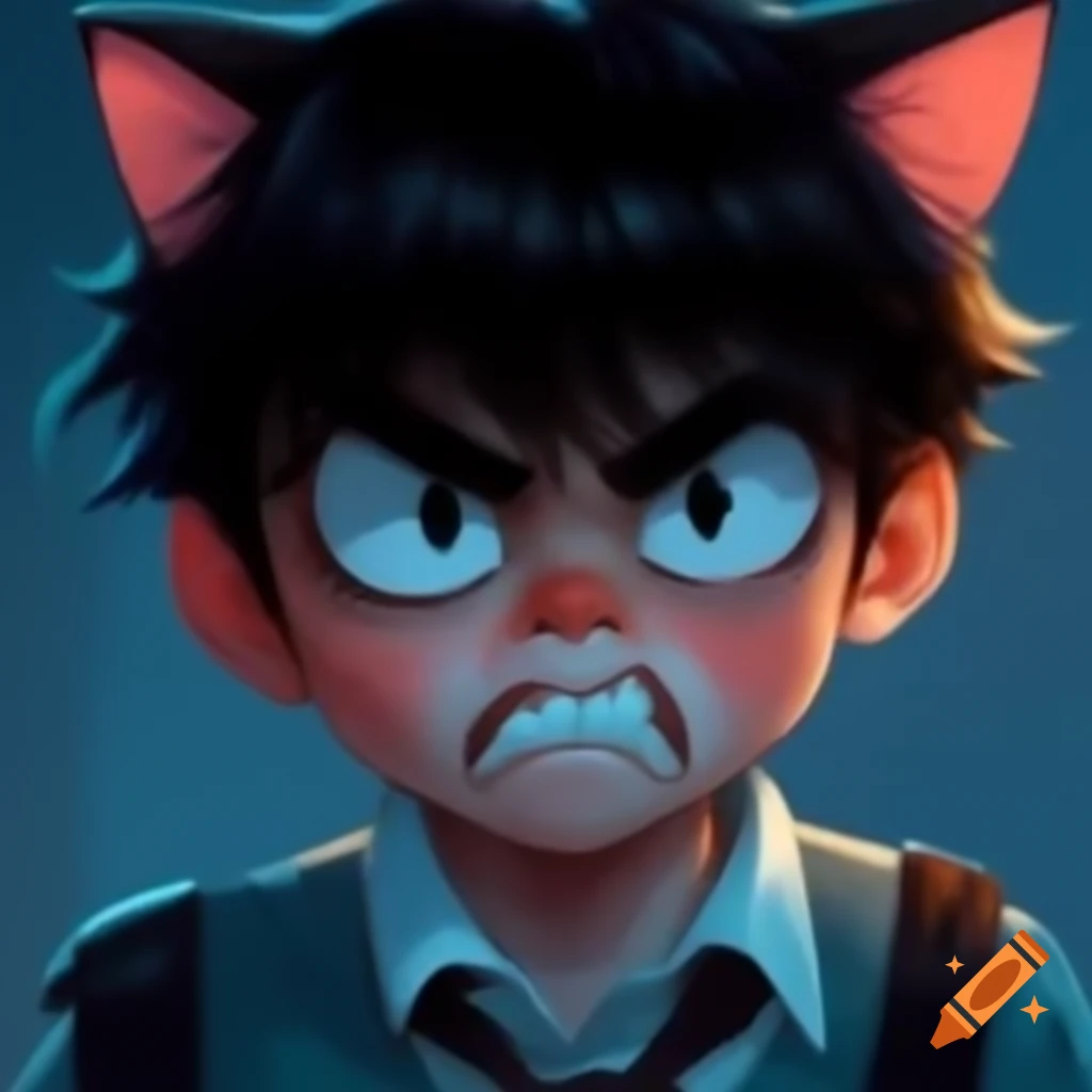 Angry neko kemonomimi boy with hiss and back ears