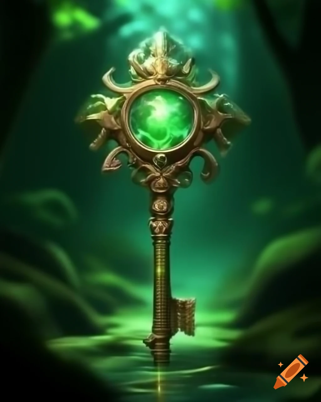 Intricate magical key with a glassy green design glowing in forest style
