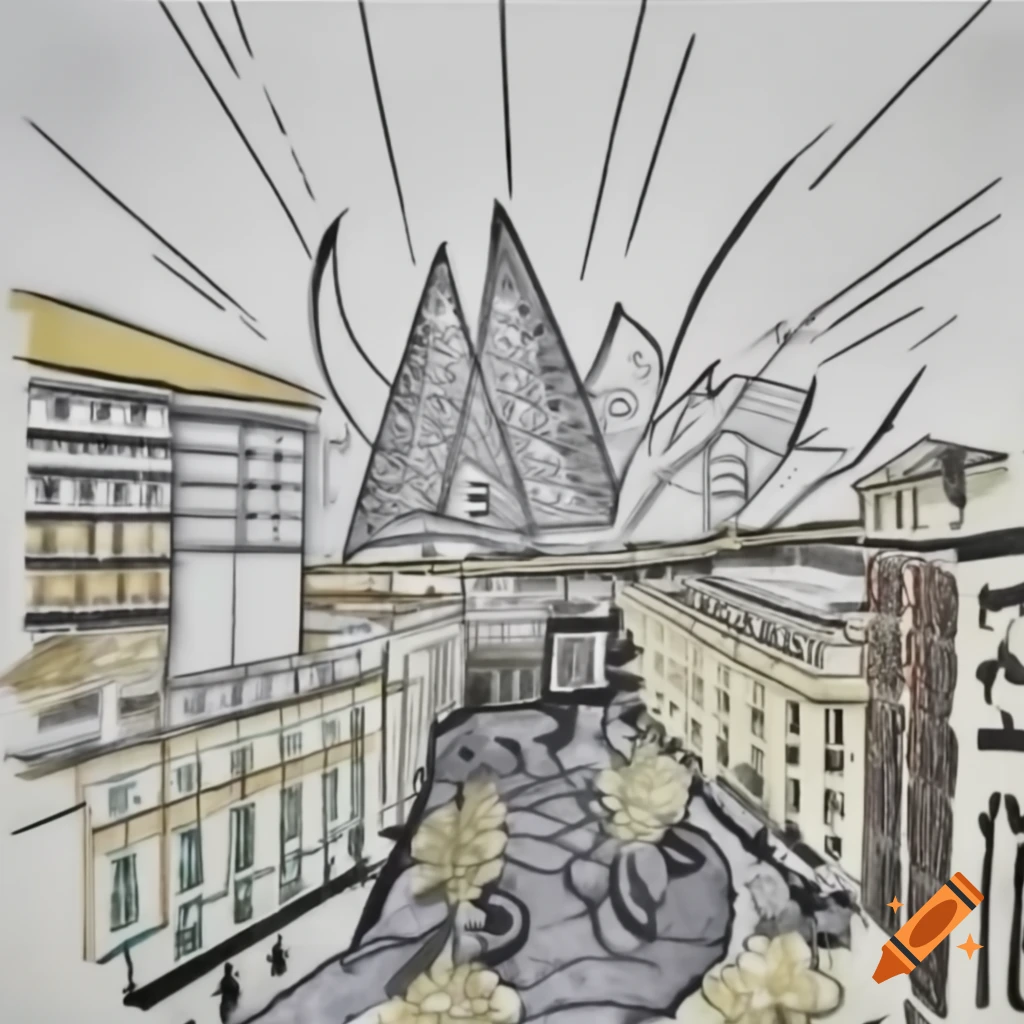 Impressionist depiction of hungry people in a futuristic city with tall buildings