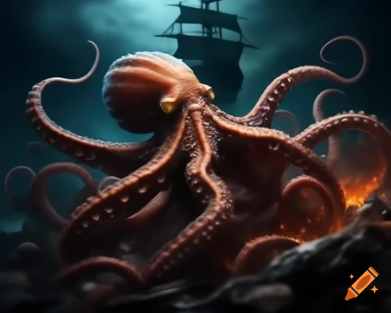 Lovecraftian octopus attacking pirate ship in dark fantasy art
