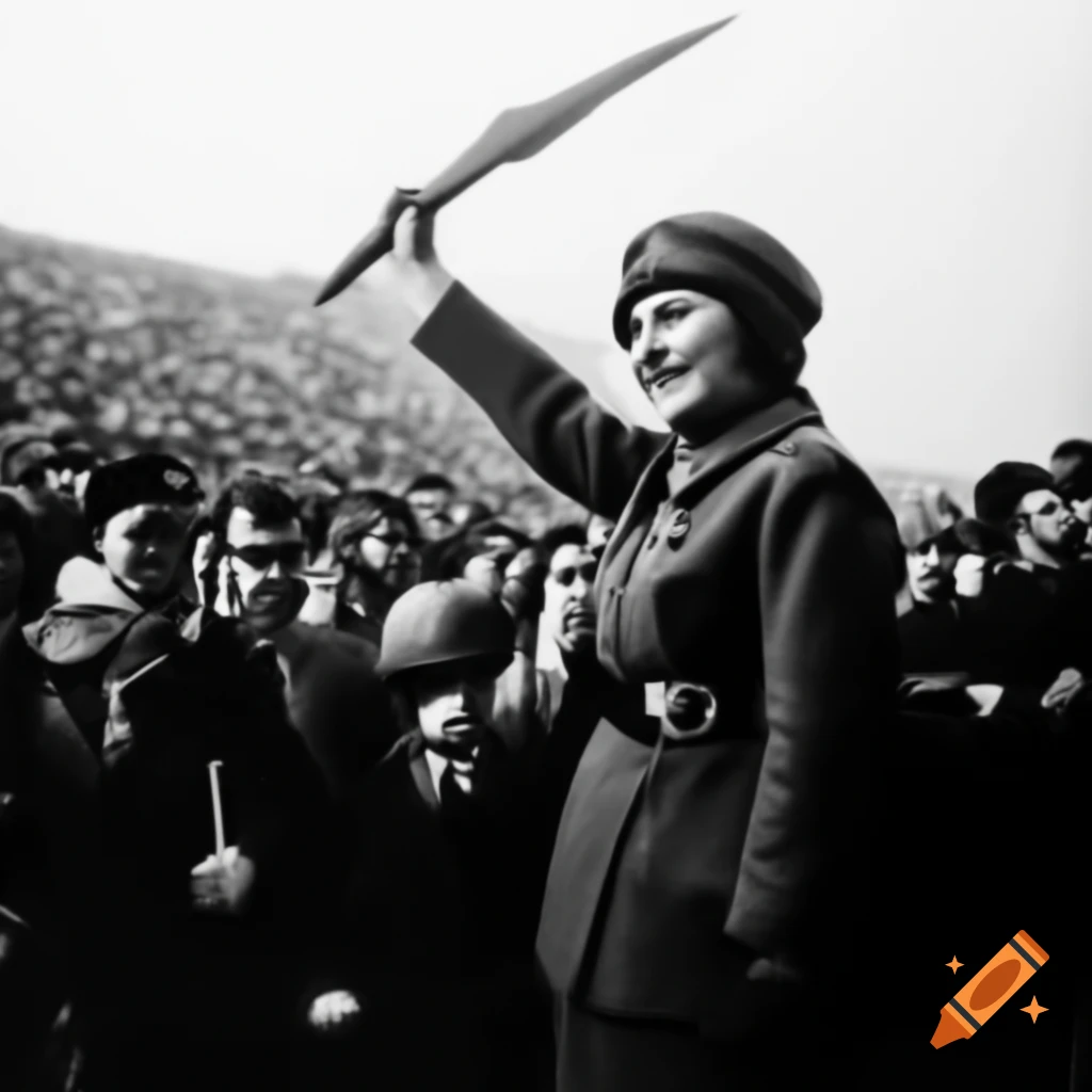 Female communist leader giving a speech to large crowd