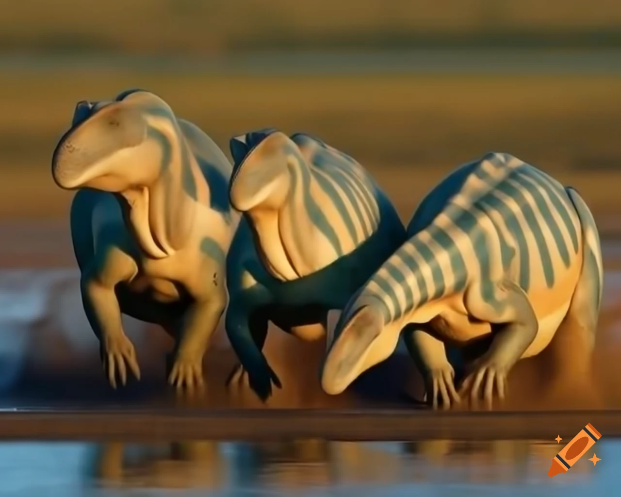 Three striped hadrosaurs on muddy lake bank in British Columbia morning light
