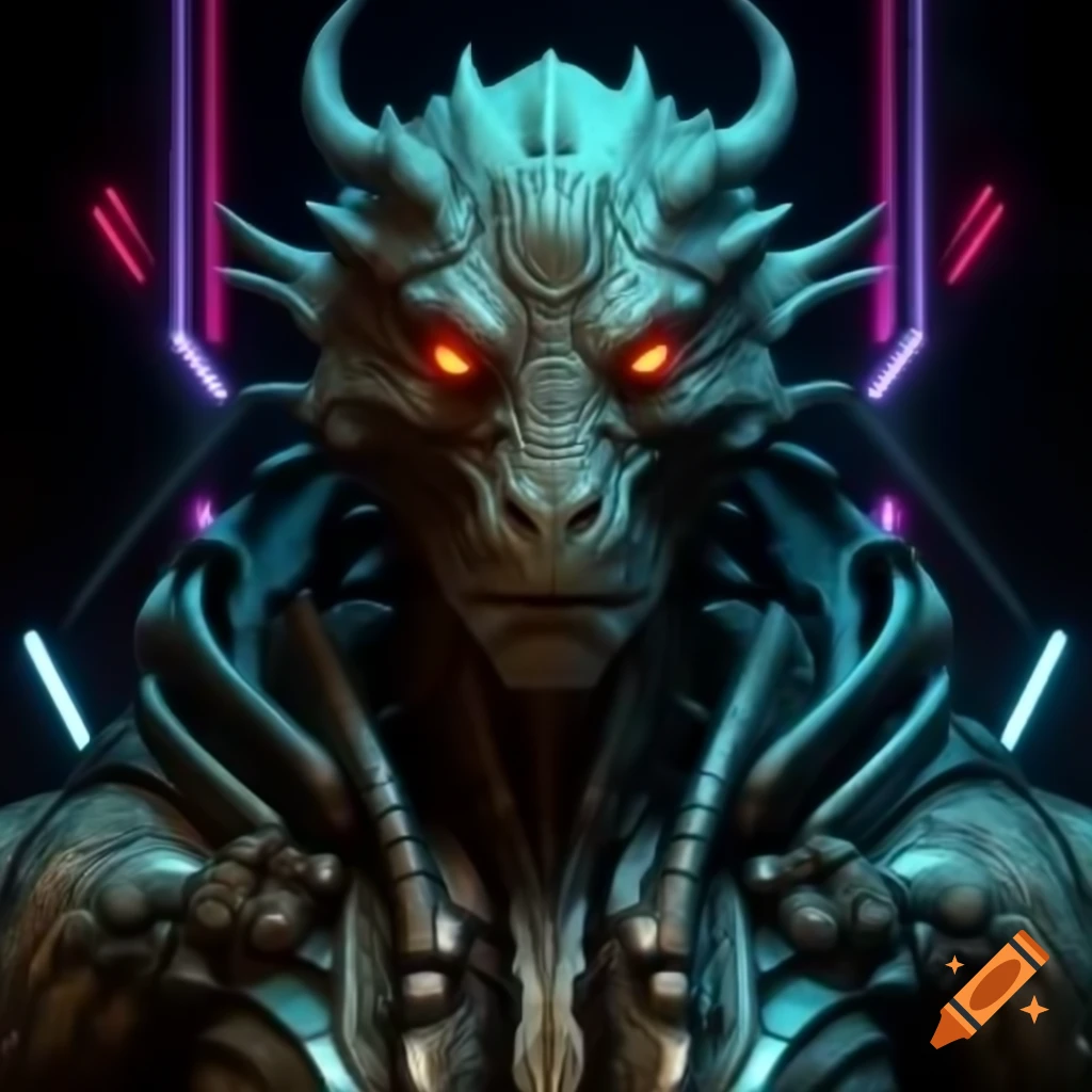 Cyberpunk mythical creature featuring neon lighting and holographic technology