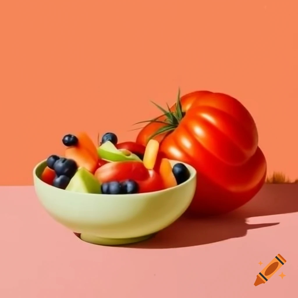 Fresh tomato alongside a bowl of fruit salad