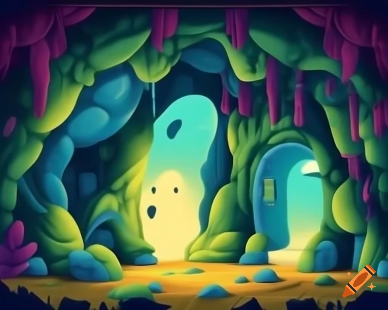 Cartoonish underground cave with three arched exit tunnels