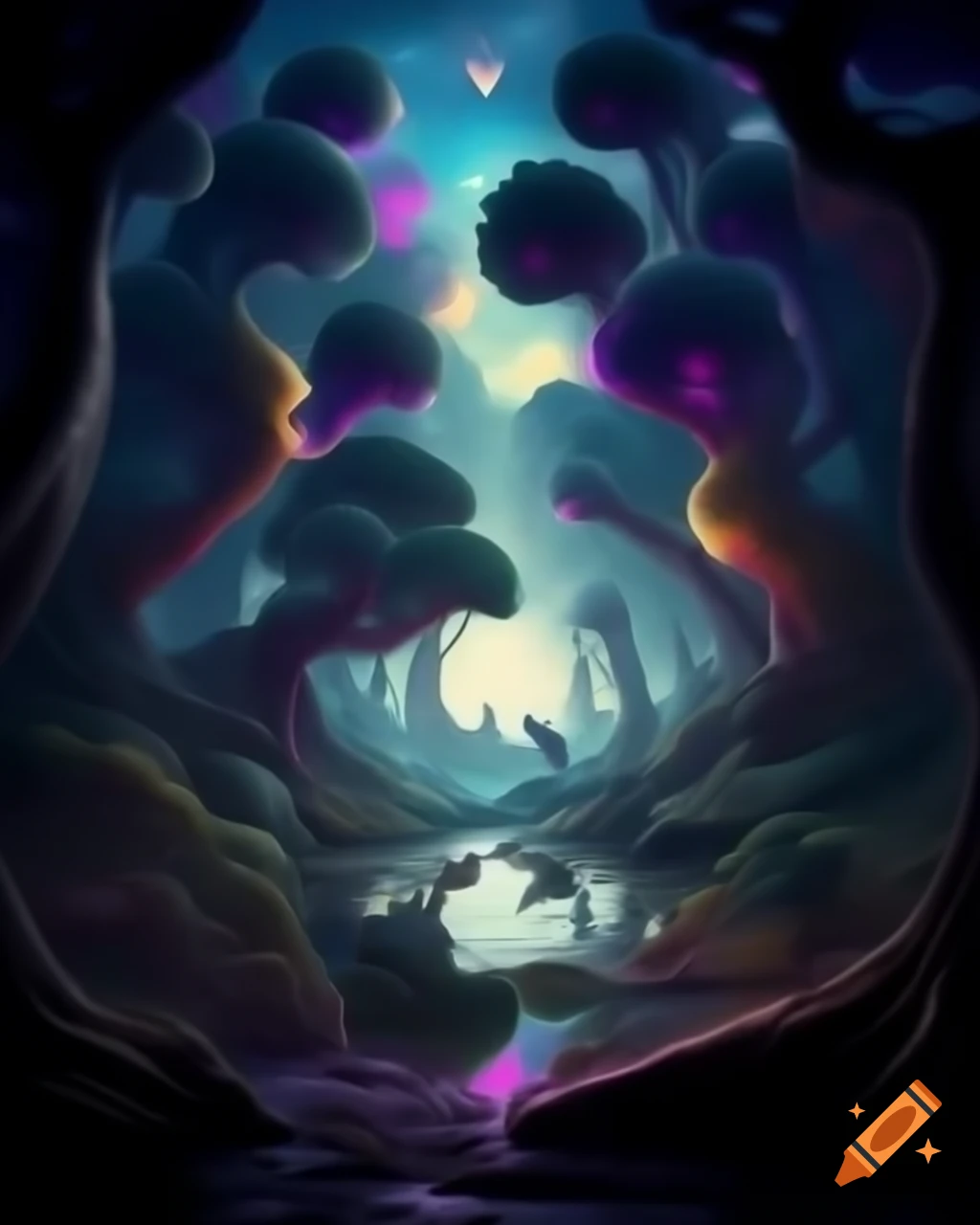 Enchanted mystical forest with tall trees and mythical creatures