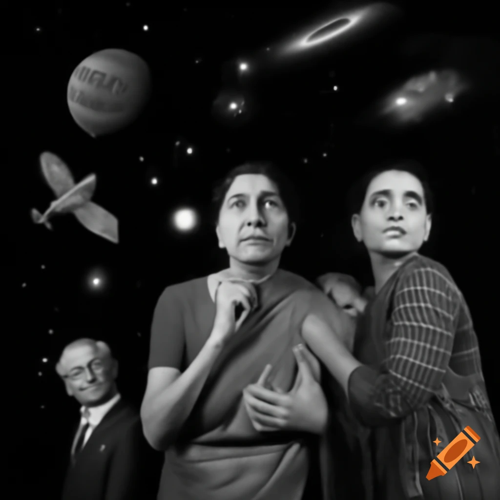 Surreal cosmic dream scene with figures emerging around a central character