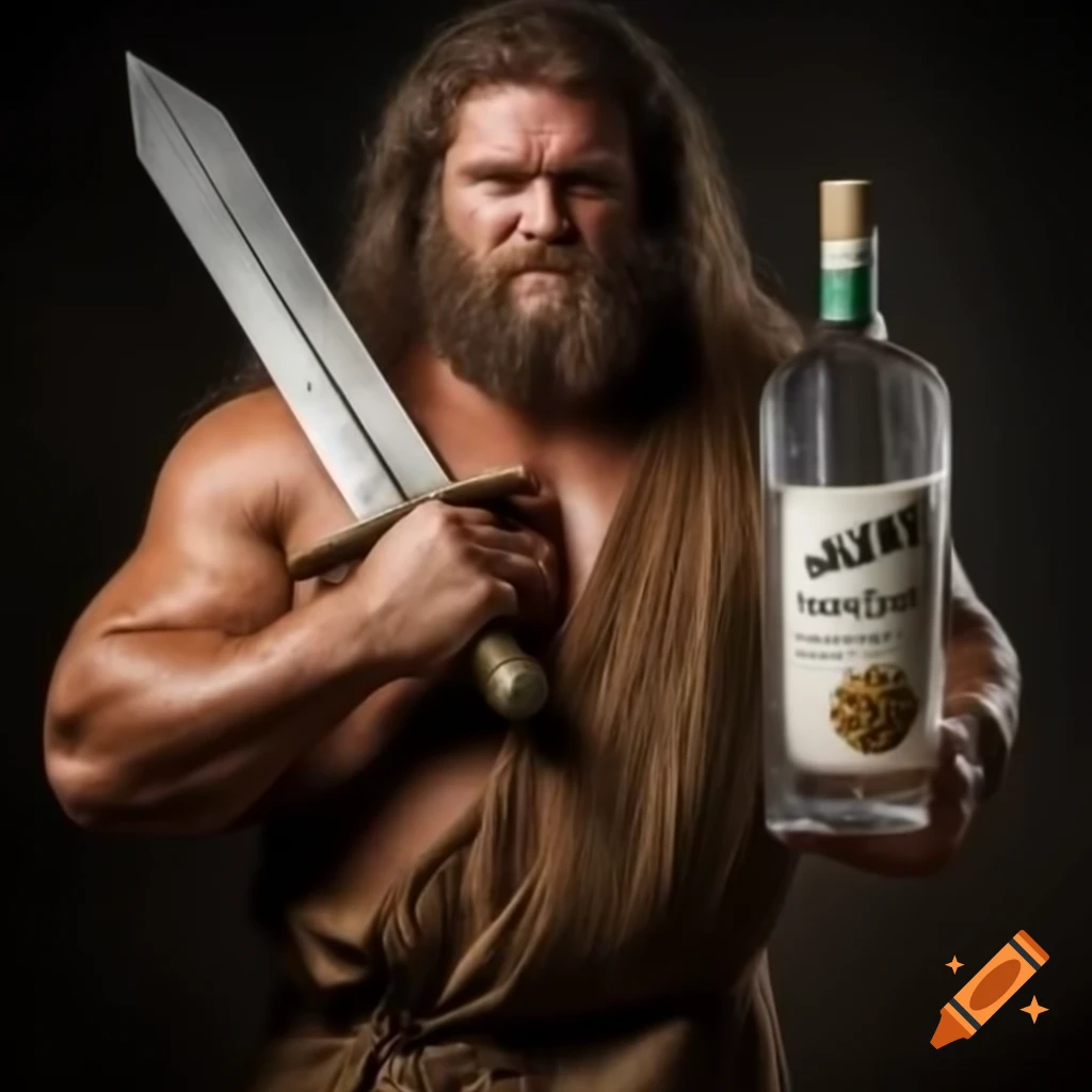 Caveman with large sword and bottle of vodka
