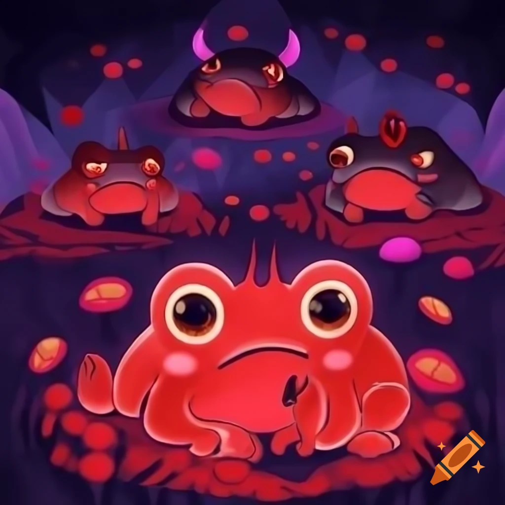 Cute devil horned frogs in red and purple hell scenery, anime cartoon style