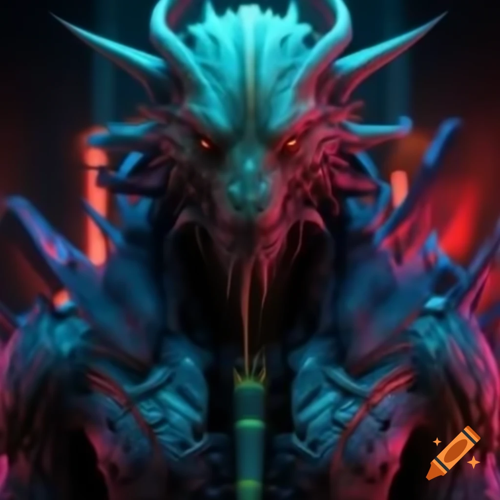Cyberpunk mythical creature featuring neon lighting and holographic technology