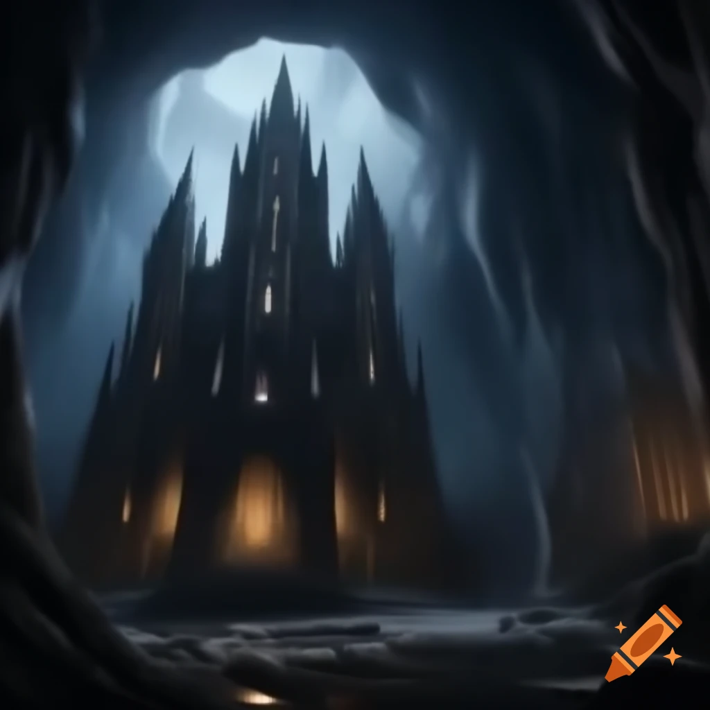 Gothic cathedral inside a cave setting