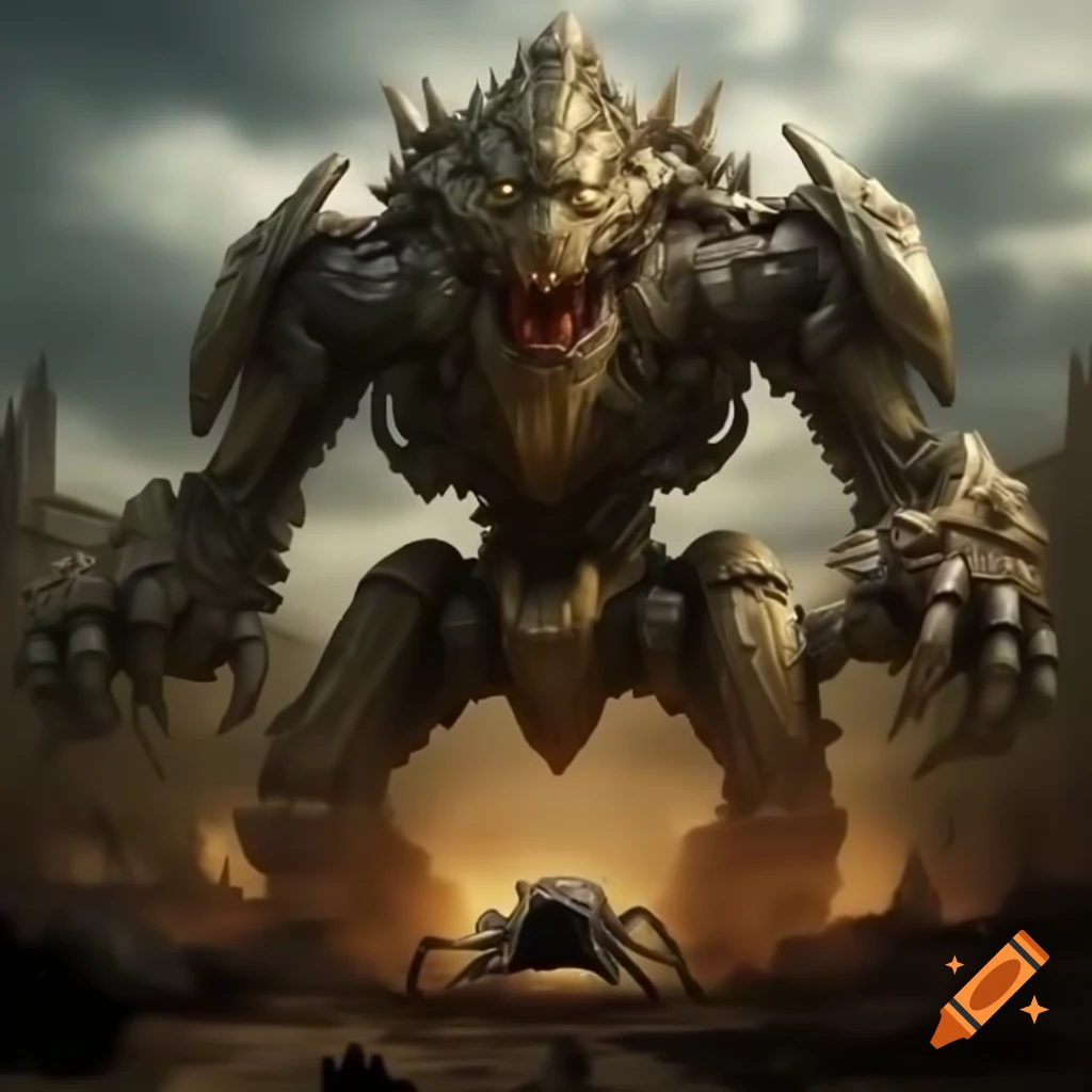 Giant robotic dragon battling robotic spider in post-apocalyptic wasteland
