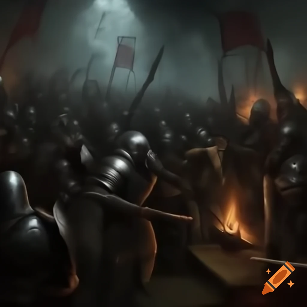 Knights fighting cancerous zombies in a battle scene