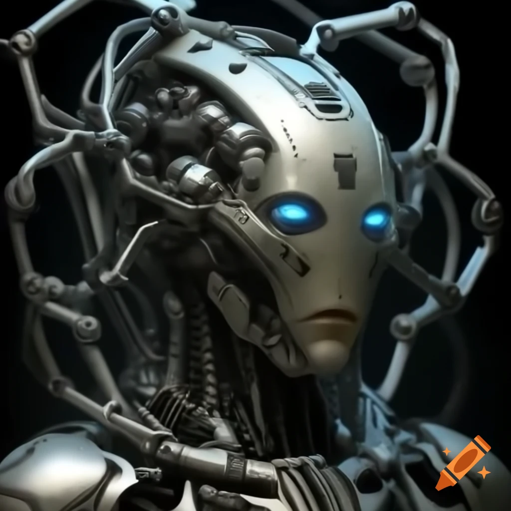 Cybernetic organism with organic and mechanical parts in silver and grey