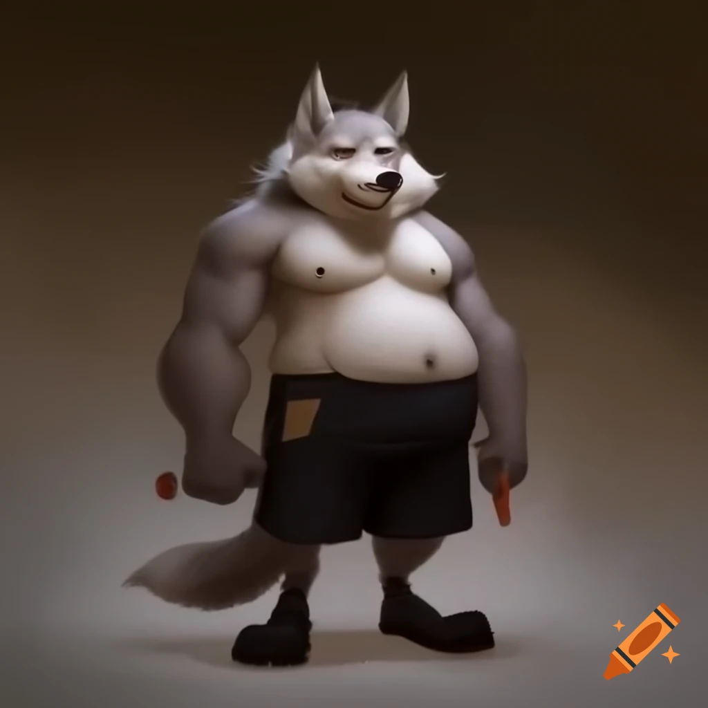 Anthropomorphic wolf character dressed in shorts and shoes