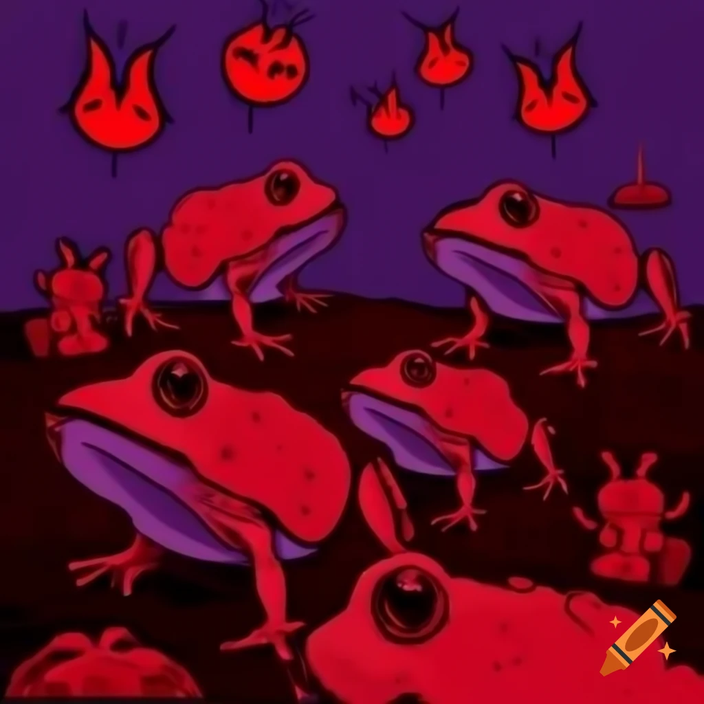 Devil horned frogs in anime style set in a red and purple themed hell scenery
