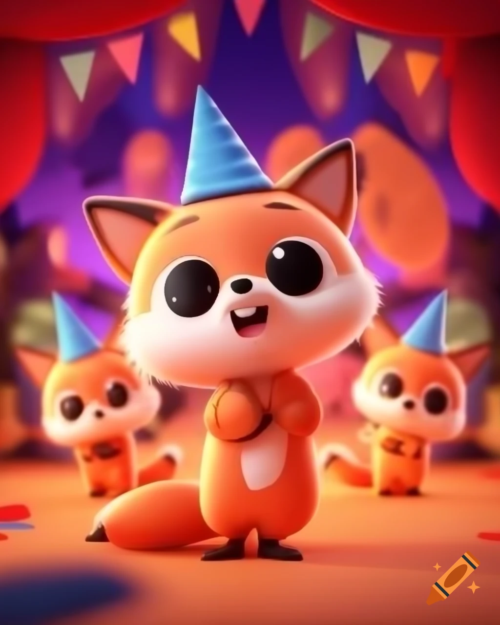 Kawaii 3D illustration of foxes celebrating at a party in Disney Pixar style