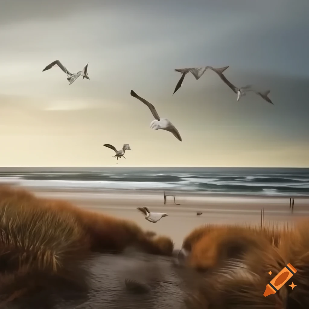 Autumn beach scenery with seagulls flying and empty wilderness