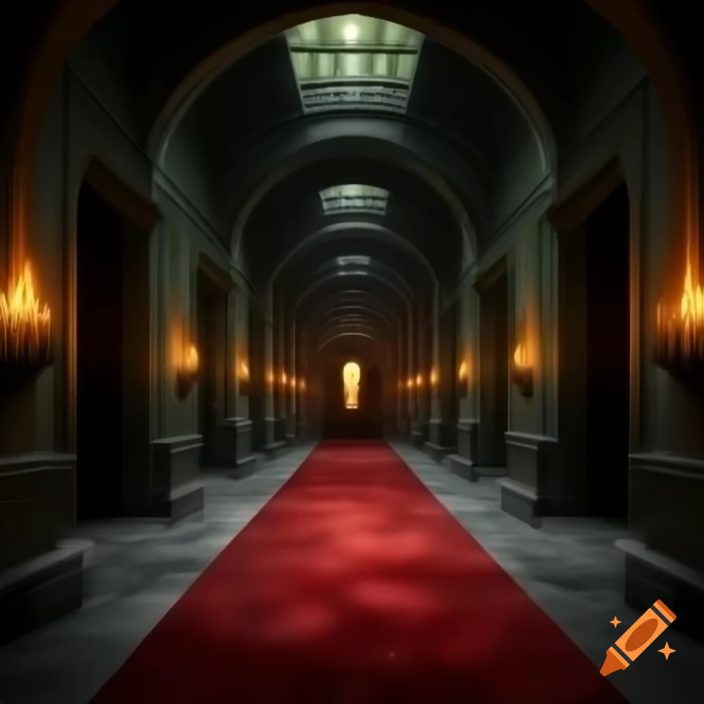 Dark fantasy corridor in evil mansion with crimson carpet and green flaming oil lamps
