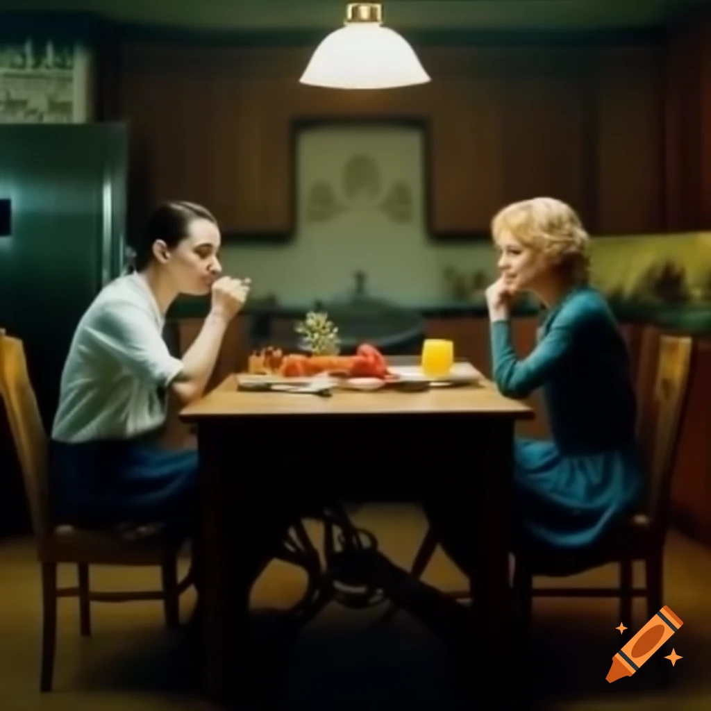 Two friends with mischievous expressions having lunch in Victorian kitchen