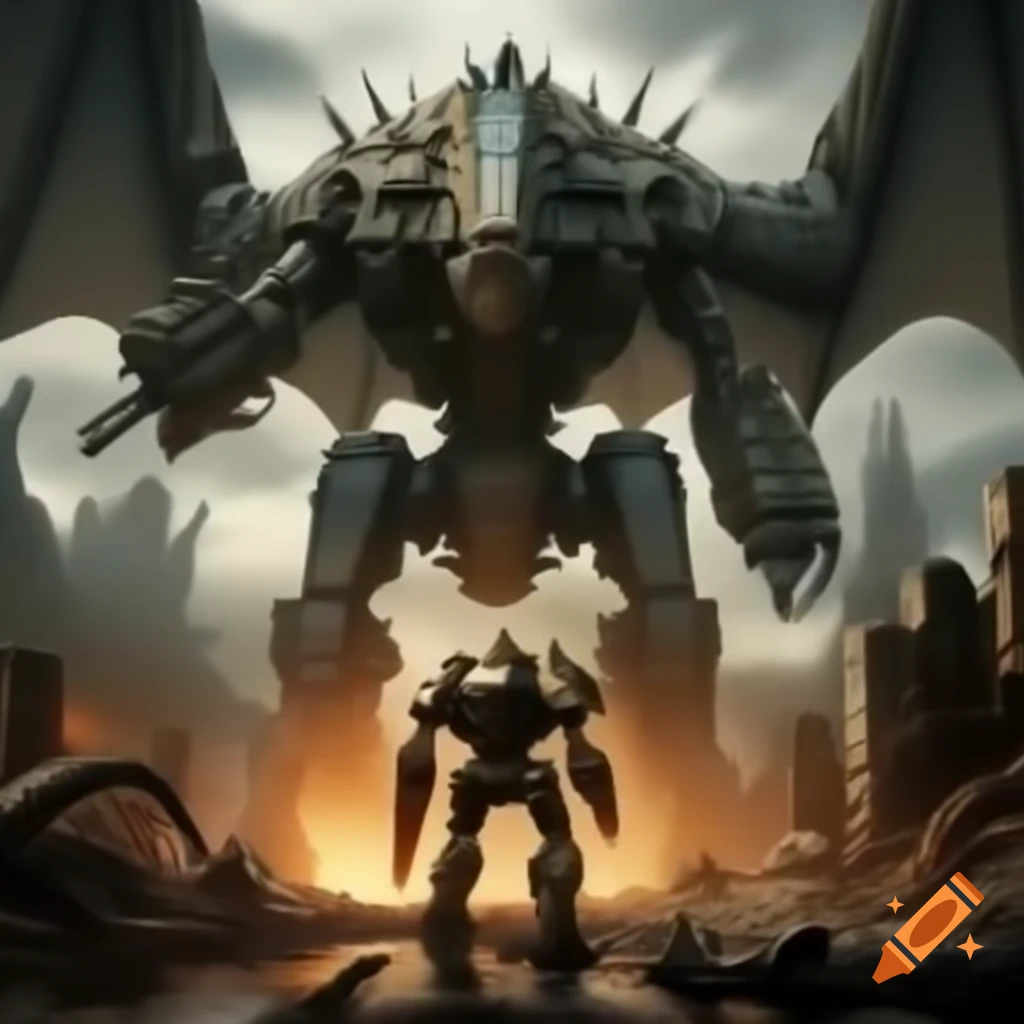 Giant mech robot battling dragon in post-apocalyptic wasteland