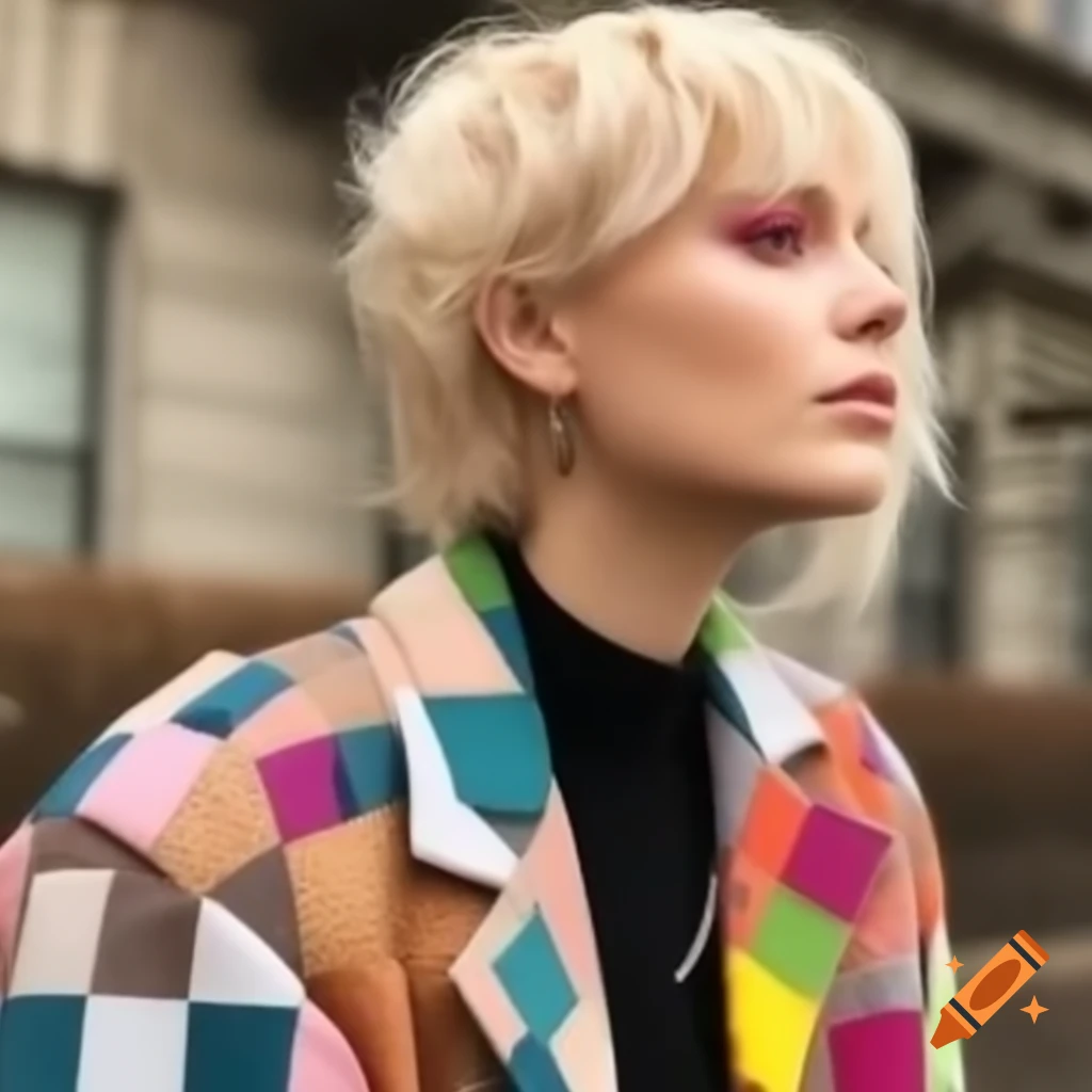 Fashionable woman with blond hair in patchwork attire