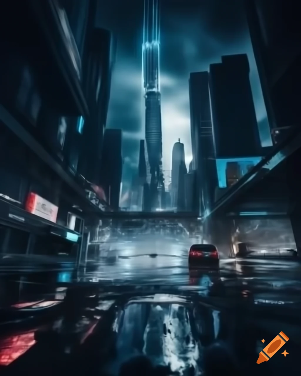 Futuristic cyberpunk cityscape with towering skyscrapers of concrete and steel