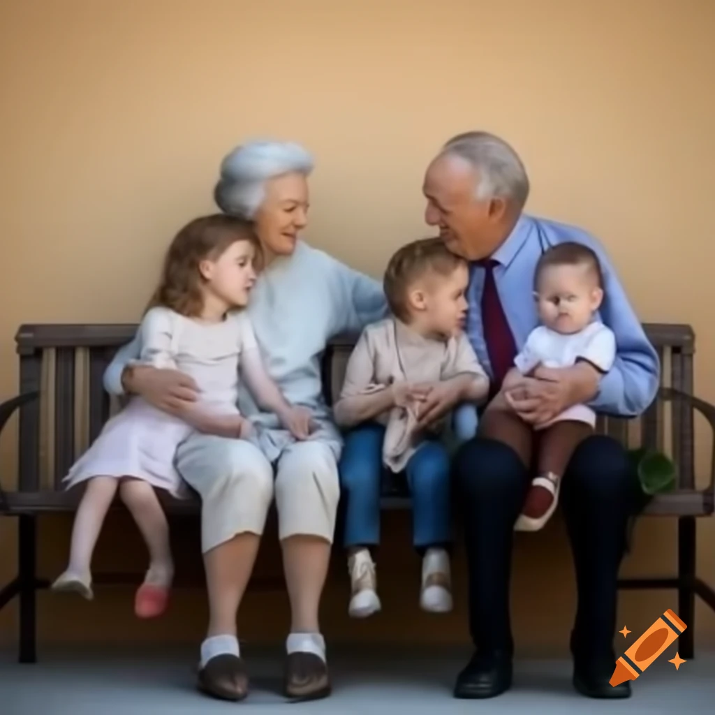 Grandparents sitting on bench with three grandchildren