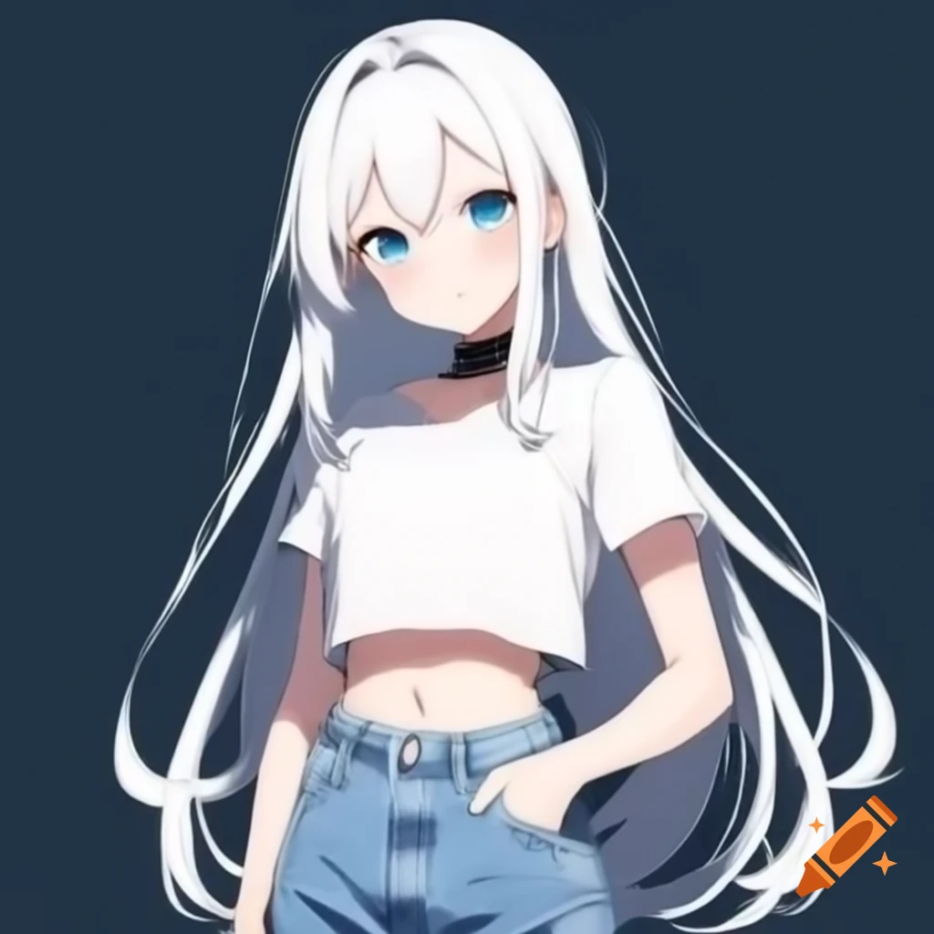 Anime girl in white crop top and blue shorts with long brown hair and blue eyes
