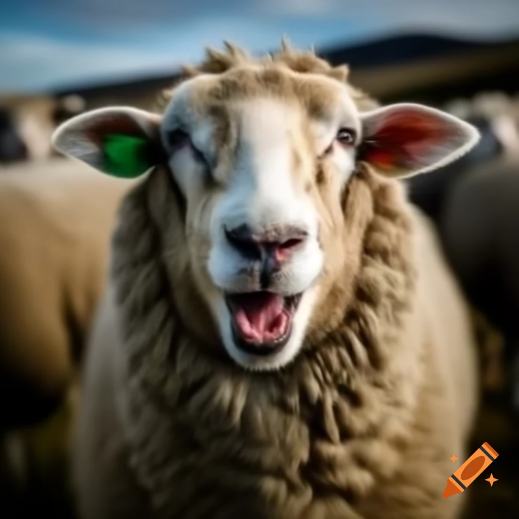 Sheep licking smiling bearded farmer's face