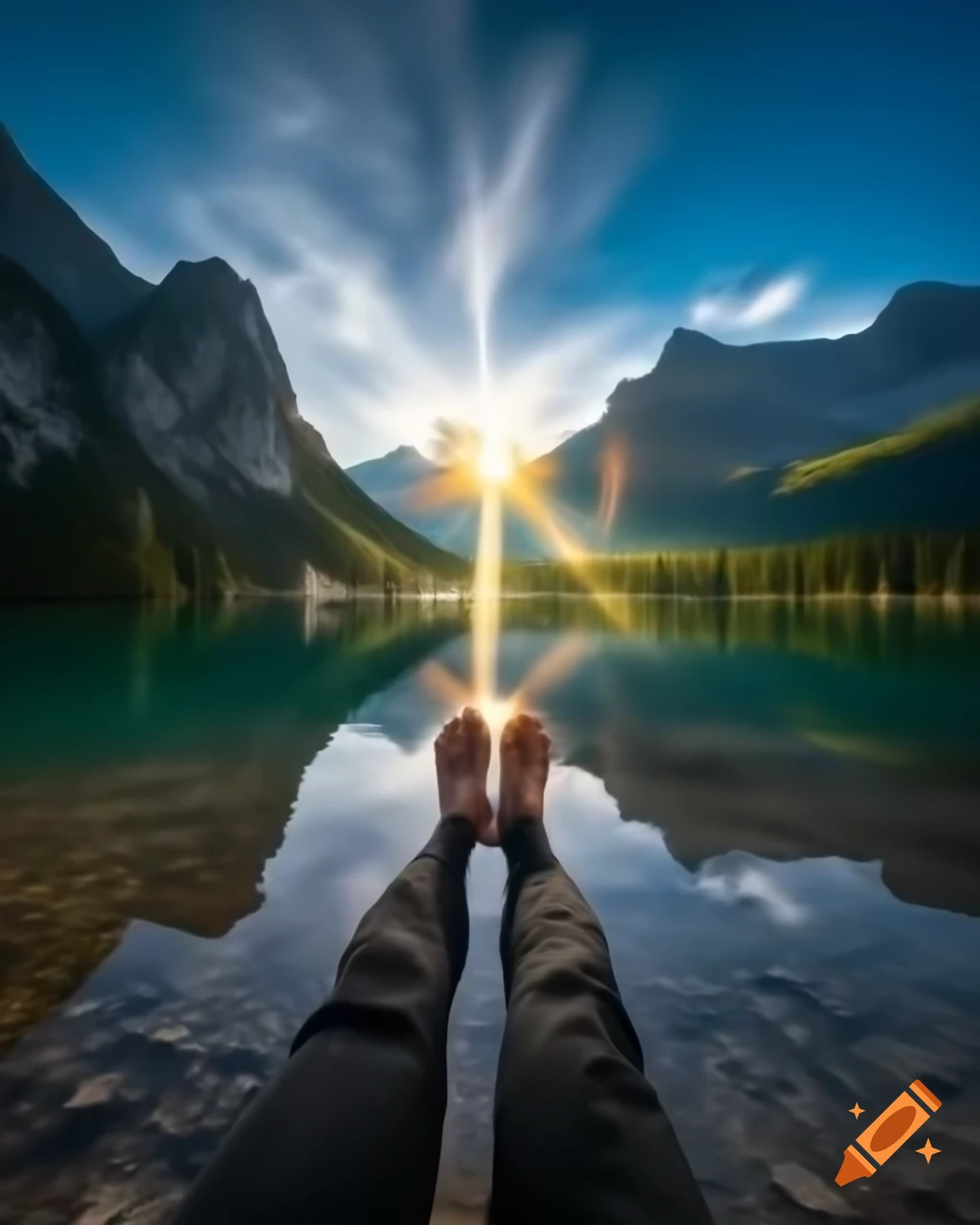 Majestic mountains with tranquil crystal-clear lake reflecting surroundings