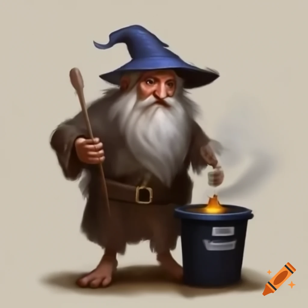 Homeless wizard cooking potion in trash bin, detailed drawing