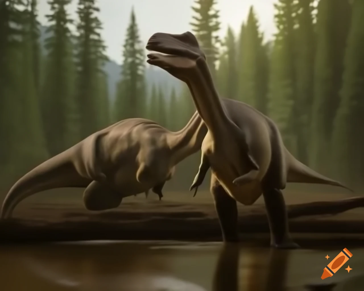 Brown and grey striped hadrosaurus by muddy lakebank in British Columbia