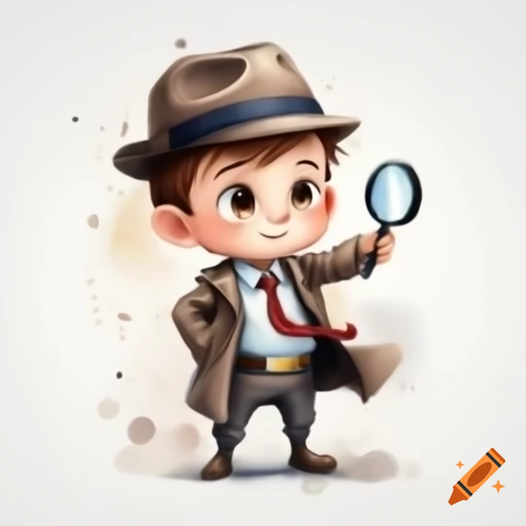 Cartoon detective boy holding a magnifier, watercolor style