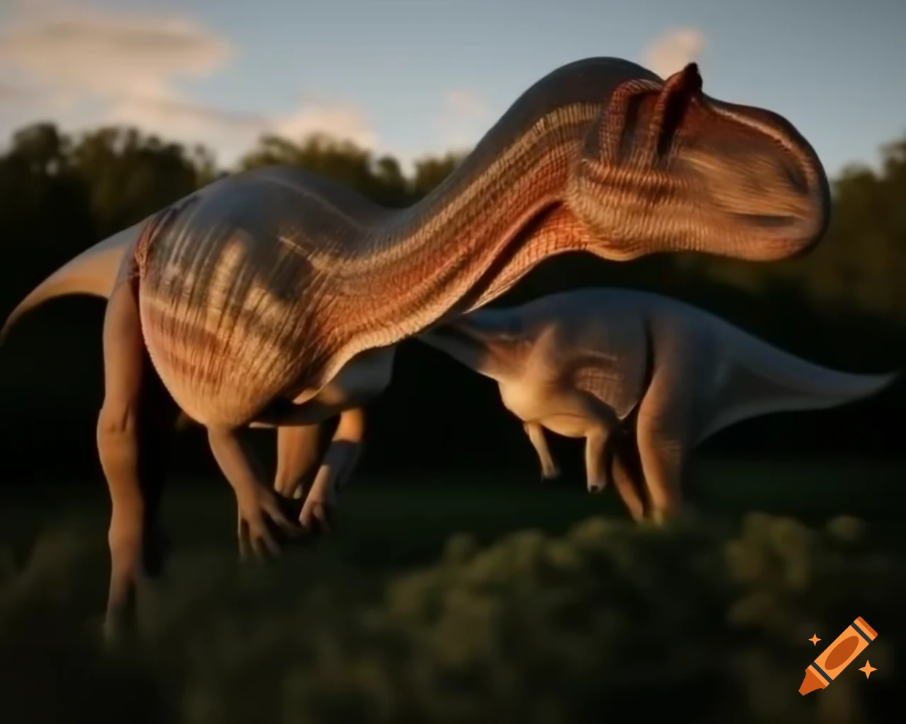 Brown and grey striped hadrosaurus in a bush-covered plain during golden hour