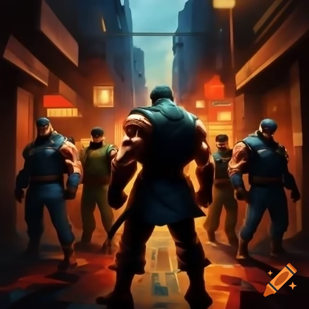 Cammy from Street Fighter in dark alley confronting Shadaloo members with epic lighting