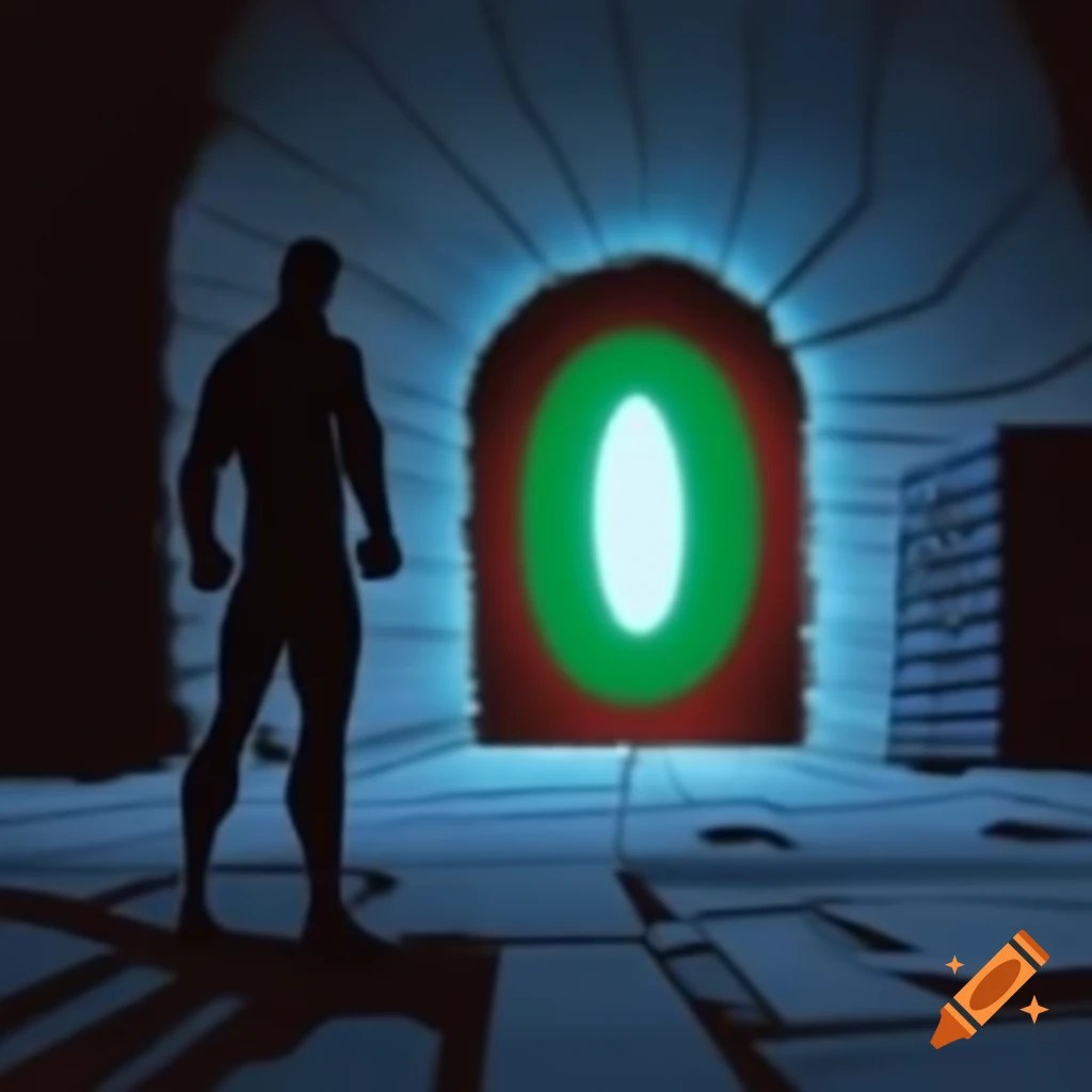 Comic man standing in front of a colorful portal on craiyon