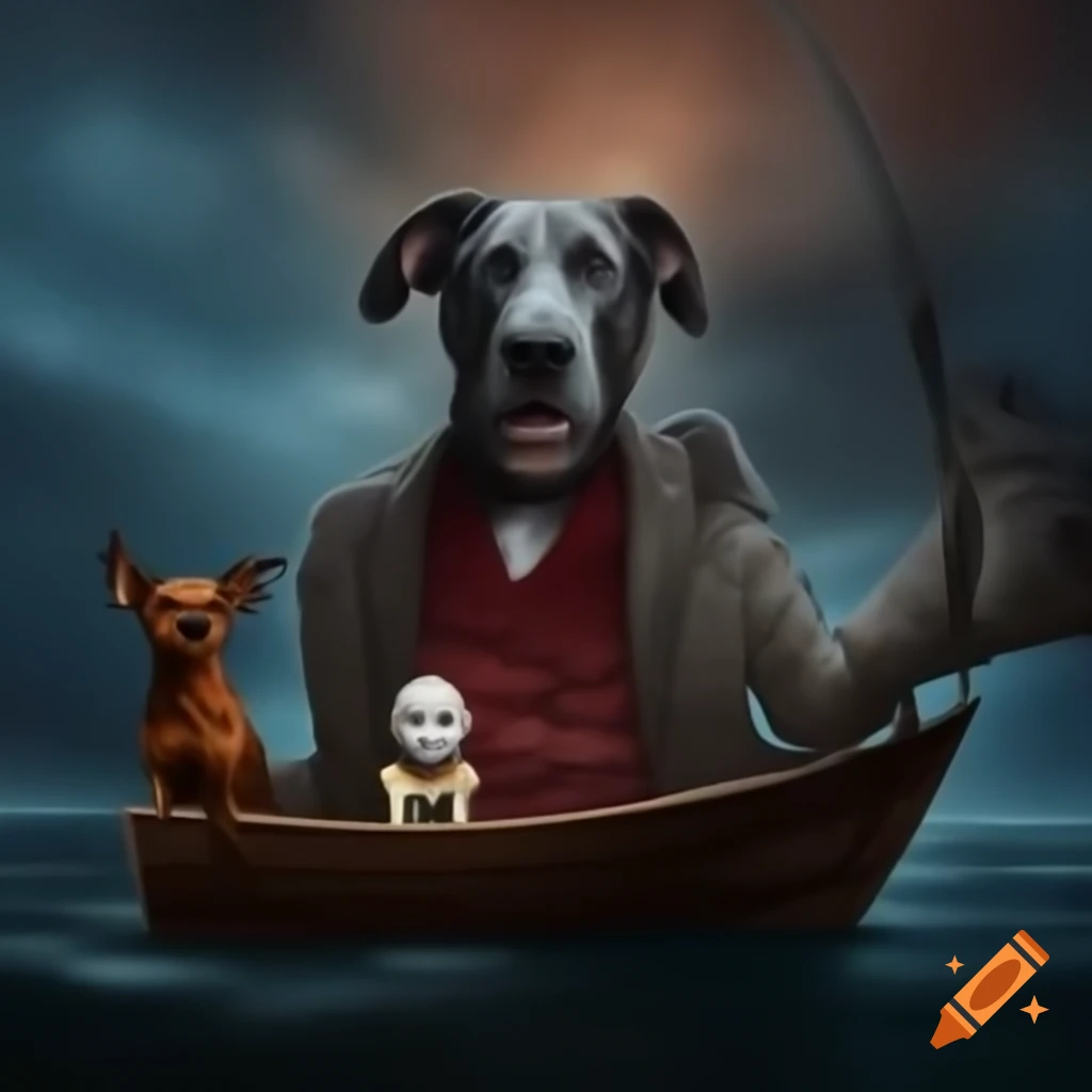Album cover recreation with harlequin Great Dane and brown miniature Pinscher on boat