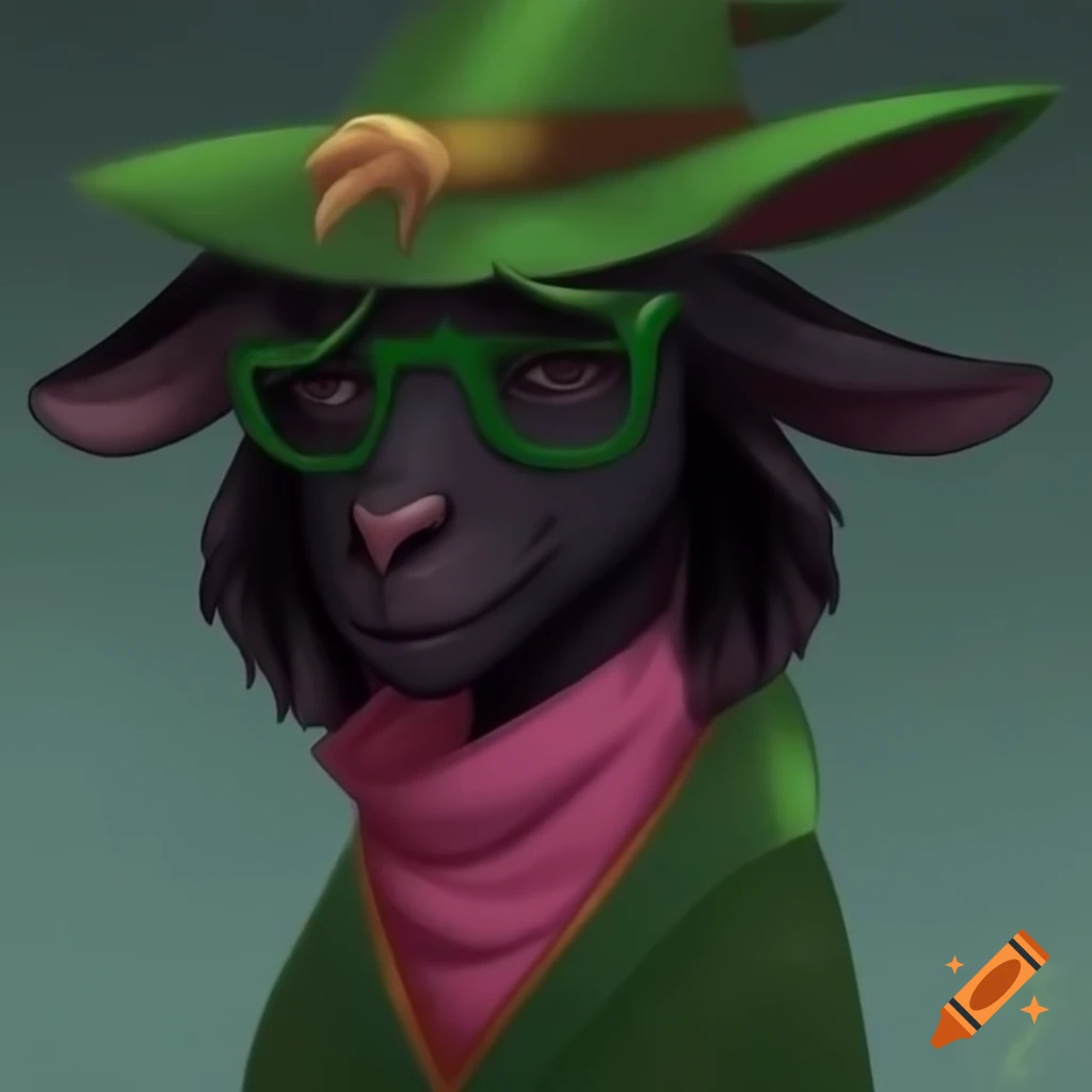 Artwork of Ralsei, a black goat boy in green glasses and pink scarf
