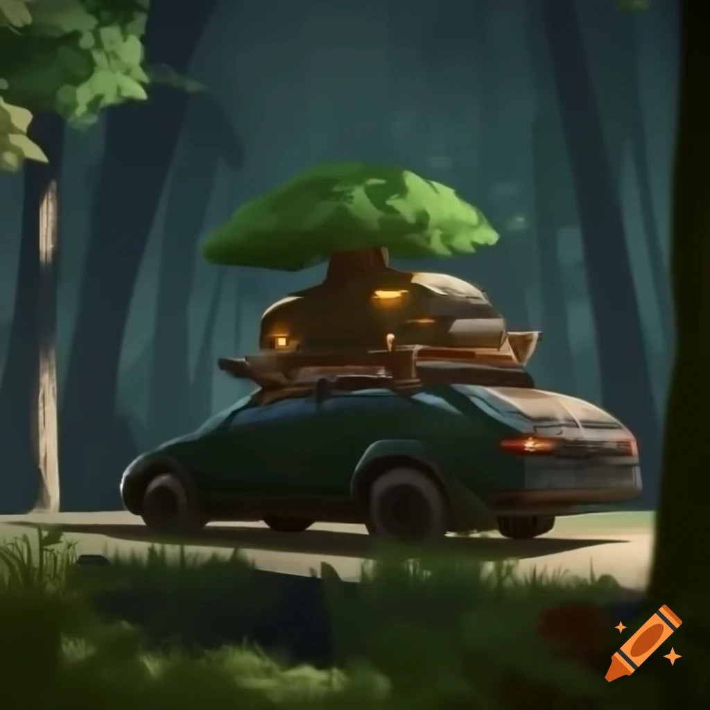 Futuristic car with tree in dome, turret, in magical forest inspired by GTA 6