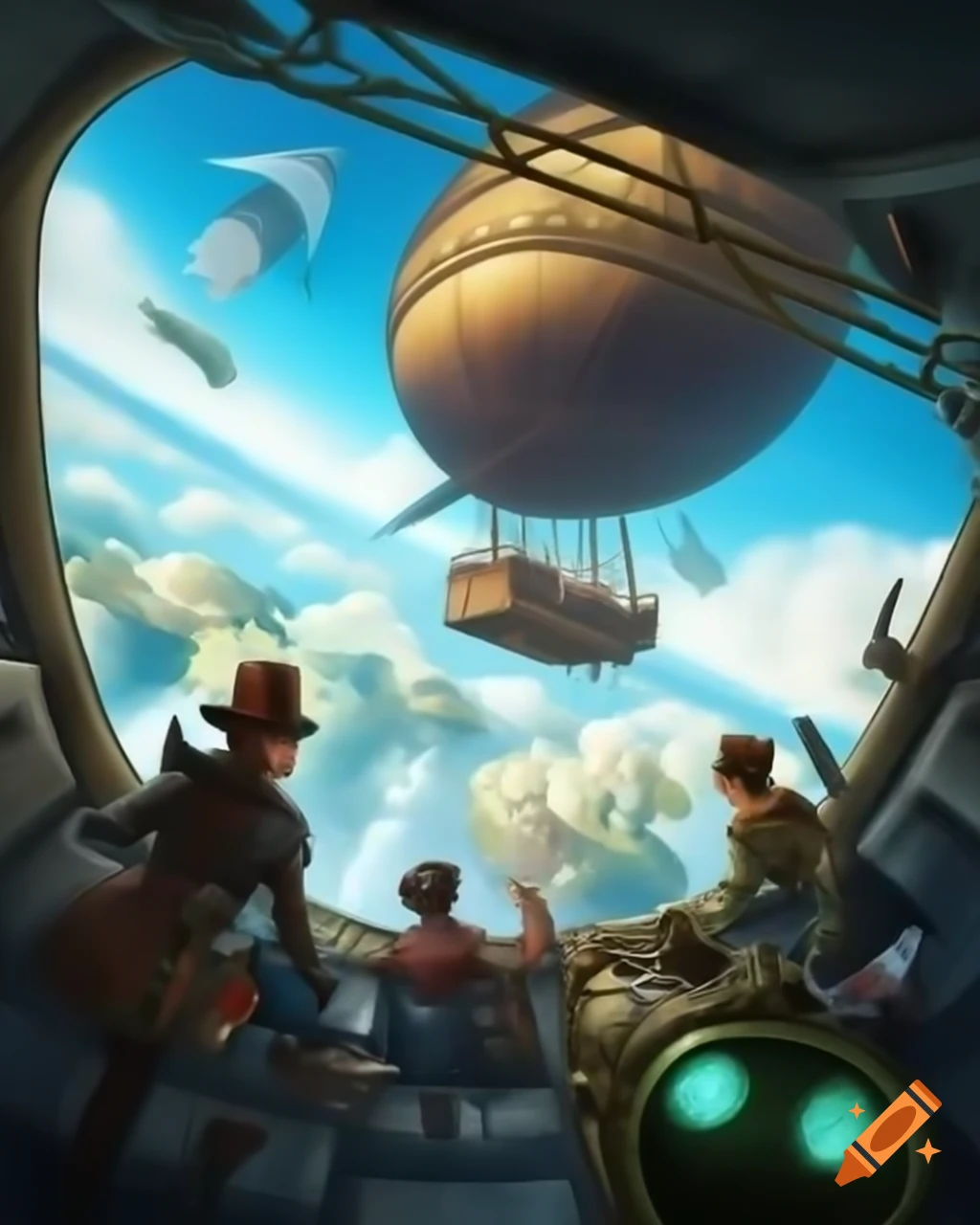 Steampunk airship soaring through clouds with clockwork and brass details