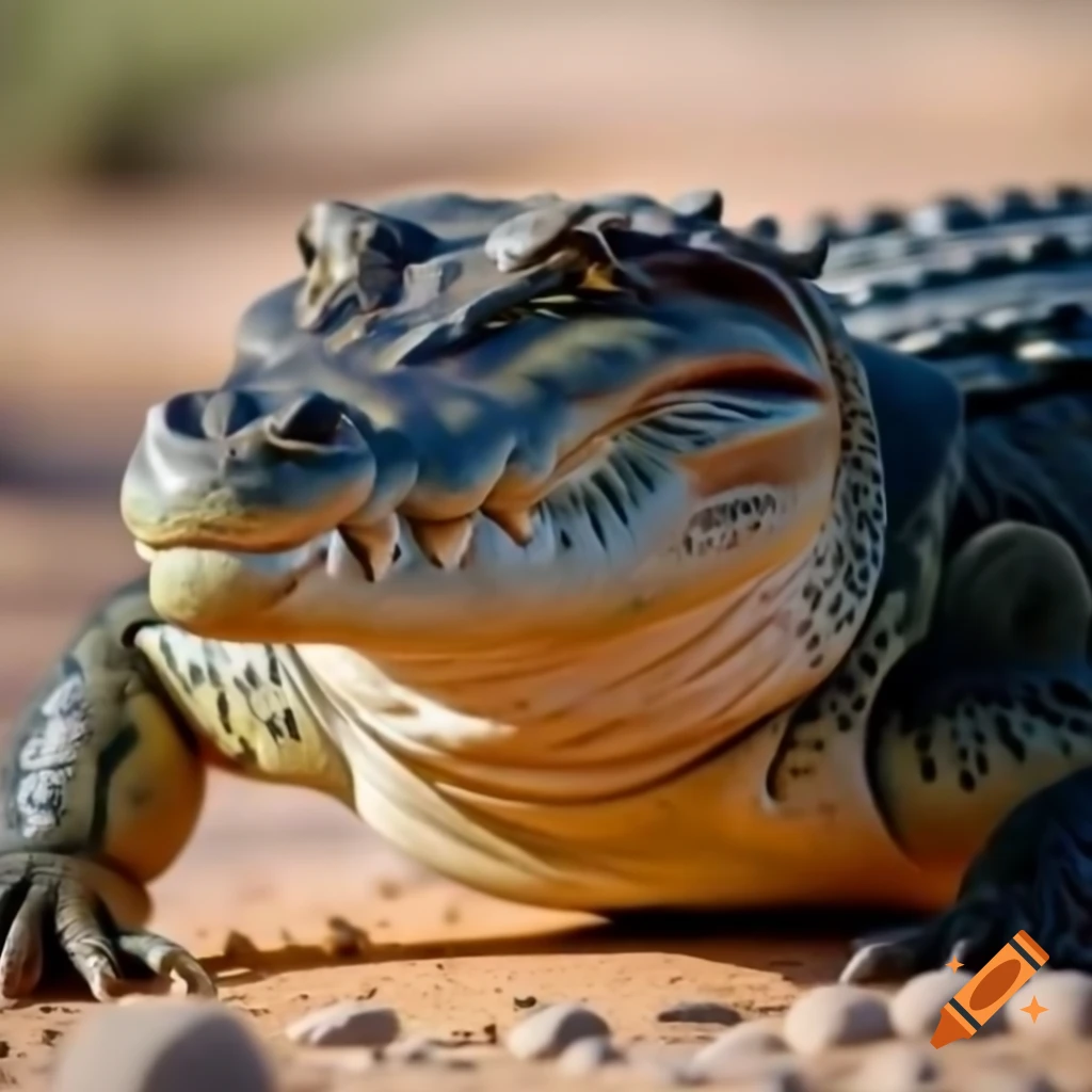 Crocodile with dark yellow coloration and tall legs in the desert