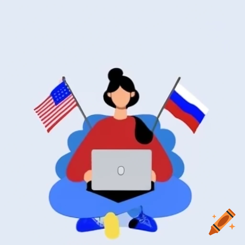 Minimalist avatar of a freelance translator with laptop and flags for Russian and Ukrainian
