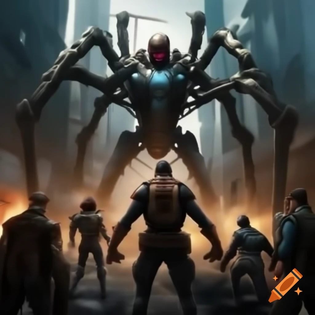 Cyberpunk superheroes battling giant robotic spider in post-apocalyptic city