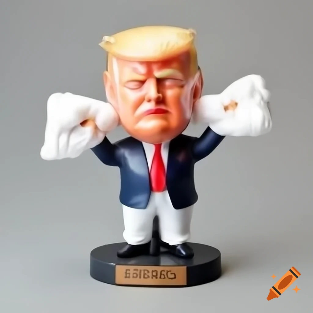 Satirical bobblehead of an angry older man with blood on his face raised fist