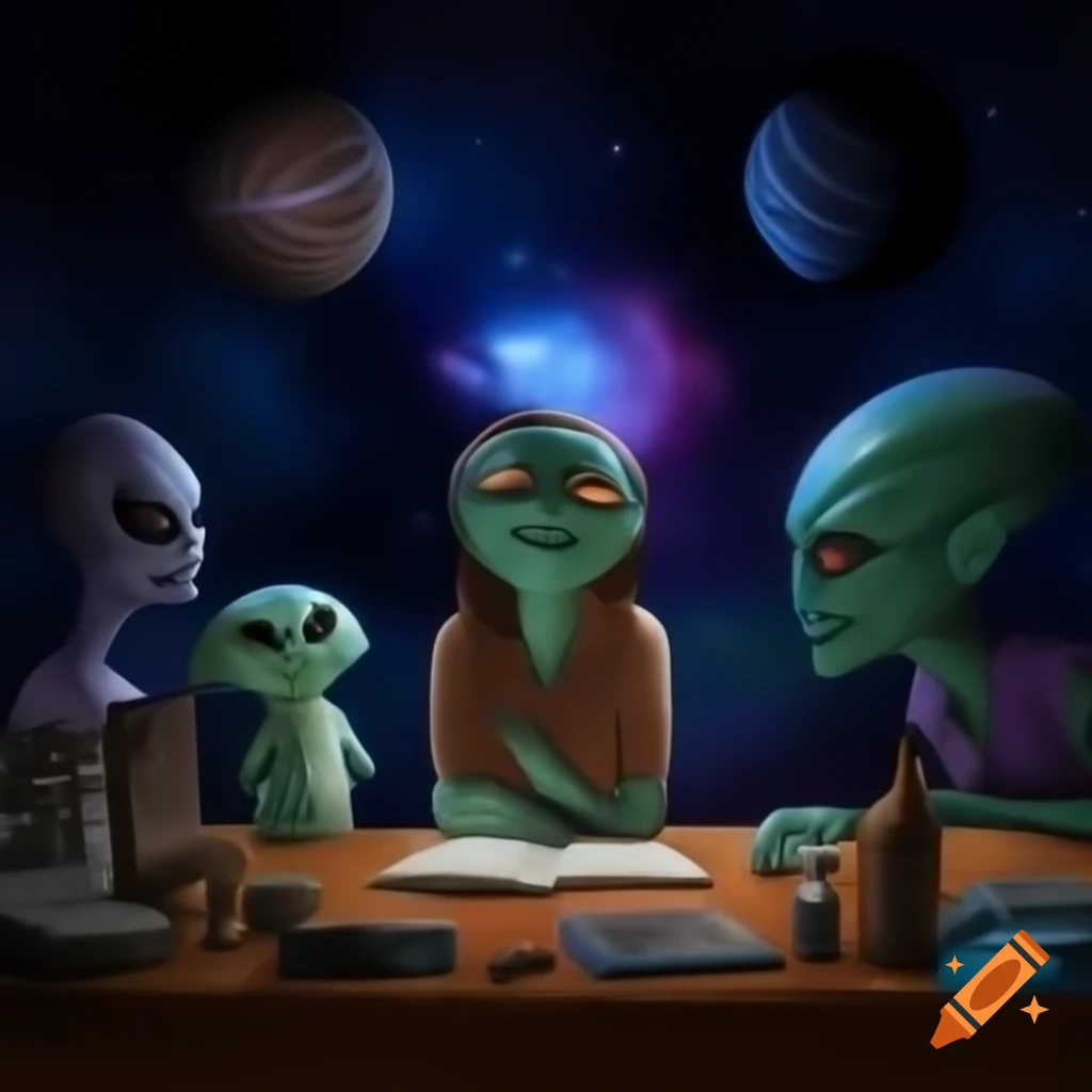 Surreal cosmic scene with aliens, amphitheater, and dream imagery
