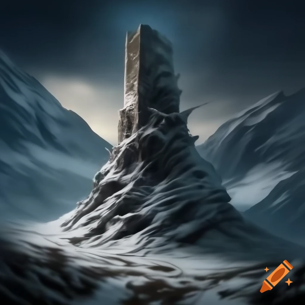 Abandoned wizard tower peak visible in blizzard-stricken tundra, realistic style