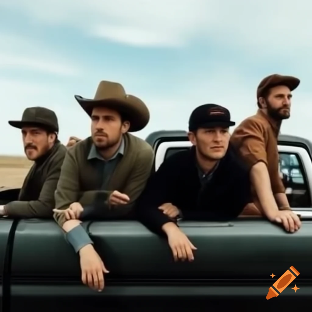 Group of four men riding in pickup truck
